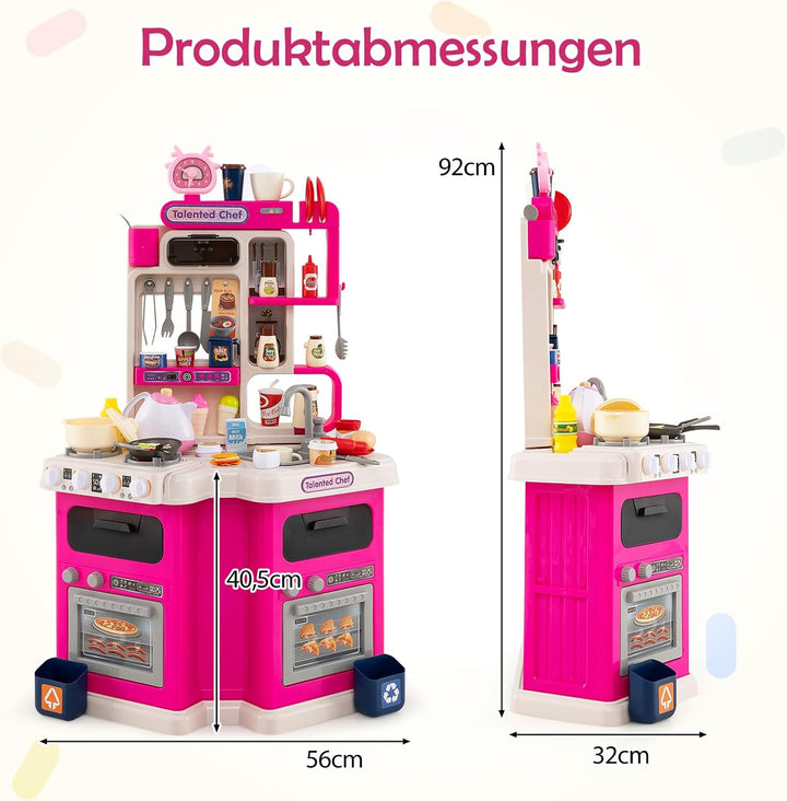 COSTWAY Kinderküche mit 113 Zubehör, Eck-Spielküche mit Licht, Sound & Dampf, Kinder Küche mit Kochh