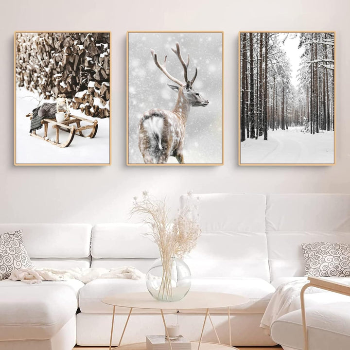 TROYSINC 3er Premium Poster Set, Winter Bilder, Elch, Holzhaus, Wald Wandkunst Wandbilder, Leinwand