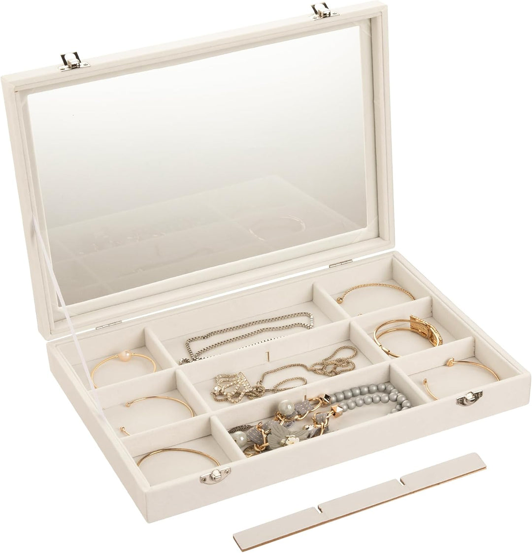 Frebeauty Schmuck Tablett 12 Gitter Samt Schmuck Organizer Aufbewahrungsbox mit klarem Deckel Schubl