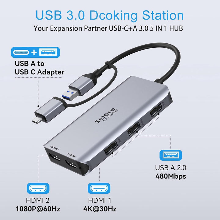 USB 3.0 Docking Station Dual HDMI USB C Hub Dual Monitor Docking Station mit HDMI 4K@60Hz für Window