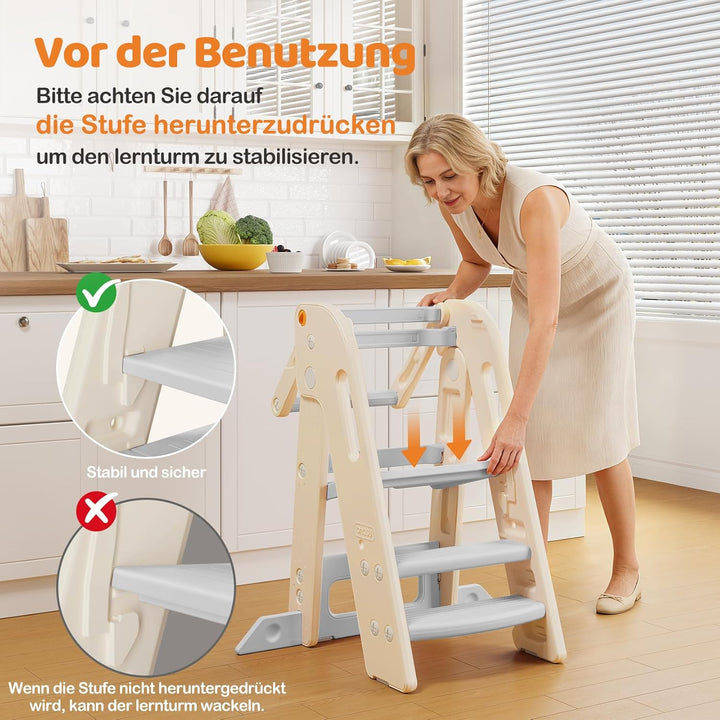 Lernturm für Kinder mit Sicherheitsgeländer, Lernturm Klappbar, Höhenverstellbar, Learning Tower mit