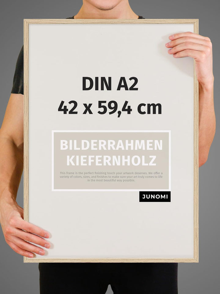 JUNOMI® Bilderrahmen DIN A2 Holz | Farbe Eiche | Bilderrahmen 42 x 59,4 cm Eiche mit bruchsicherem A