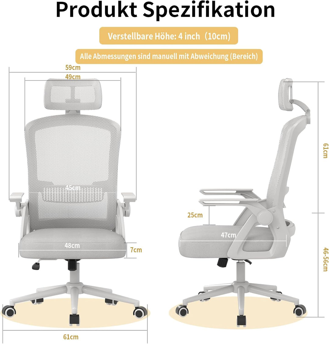 naspaluro Bürostuhl Ergonomisch Schreibtischstuhl Grau | Atmungsaktiver Netzgewebe, Lordosenstütze,