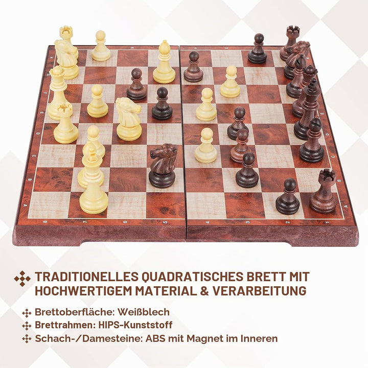 Peradix Schachspiel Magnetisch Dame Spiel 2 in 1, 30x30 cm Einklappbar Schachbrett Schach mit Aufbew
