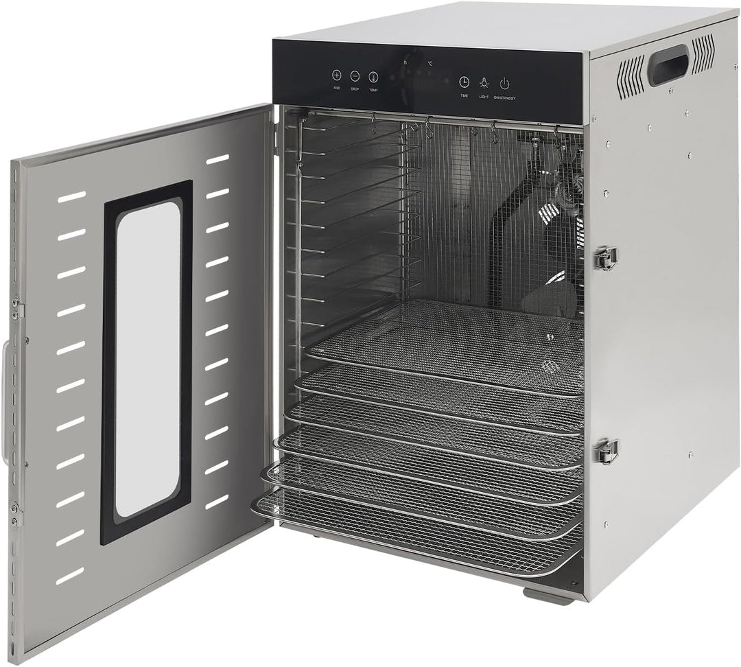 Dörrautomat Edelstahl Dehydrator Dörrautomaten - Flach Liegend &amp; Hängend | mit 16 Tabletts, 40 Haken