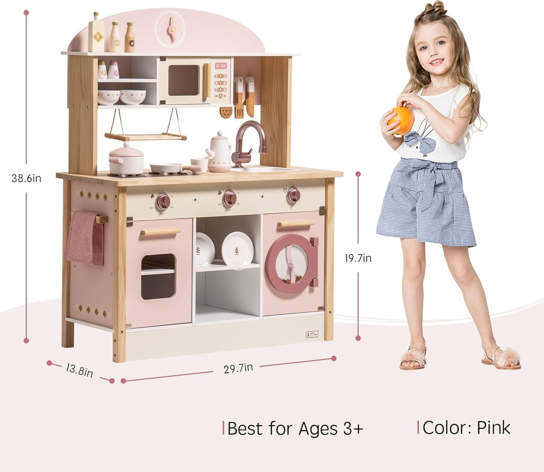 ROBUD Spielküche für Kinder Kleinkinder, Spielküche aus Holz mit realistischem Zubehör, Spielzeugküc