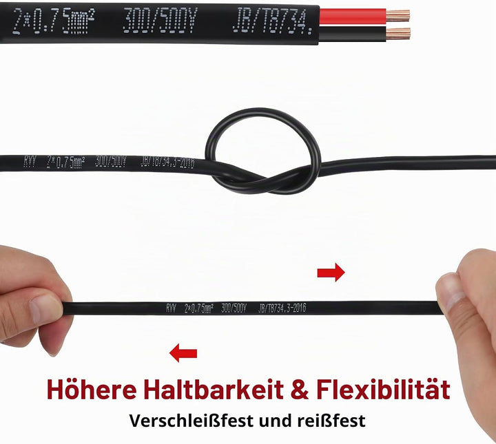 2 × 0,75 mm² flaches zweiadriges Doppelkabel 2 Leiter elektrischer Kupferdraht 5V 12V 24V 60V, dünnw