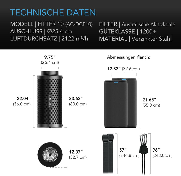 AC Infinity Aktivkohlefilter 250 mm – mit Premium-Aktivkohle aus Australien, passend für Inline-Lüft