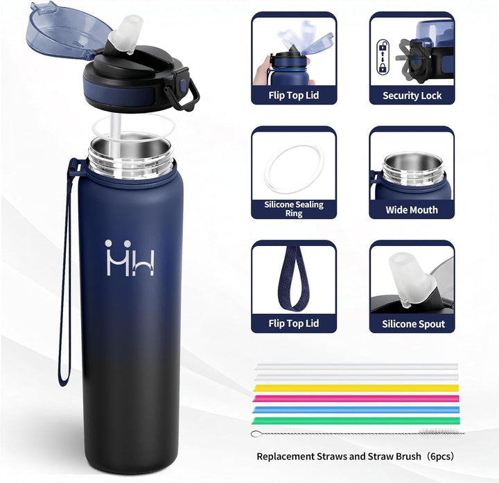 Thermosflasche 1L, Thermosflasche mit Strohhalm, Trinkflasche Kohlensäure Geeignet, Vakuum Edelstahl