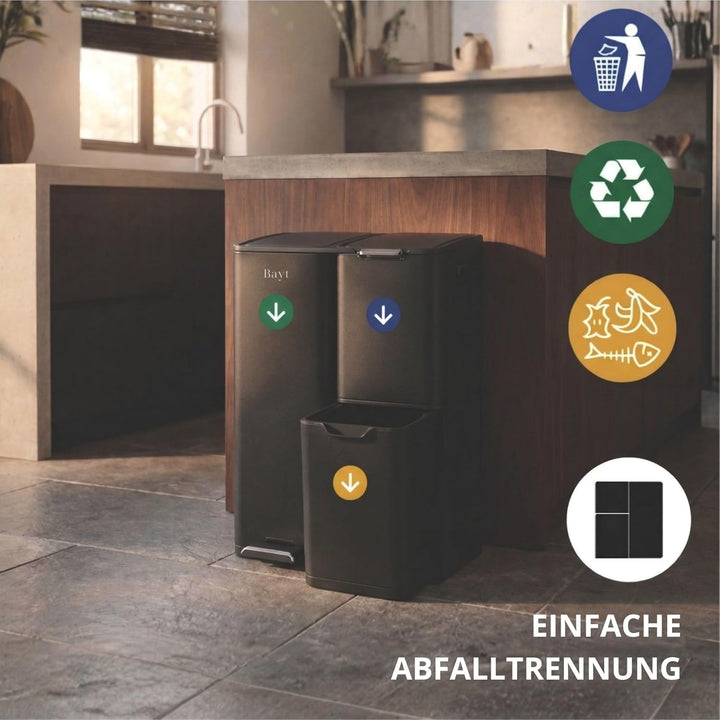 Bayt Mülleimer 3 Fächer - Mülleimer 60l - Abfalleimer - Edelstahl-Abfallbehälter (Schwarz)