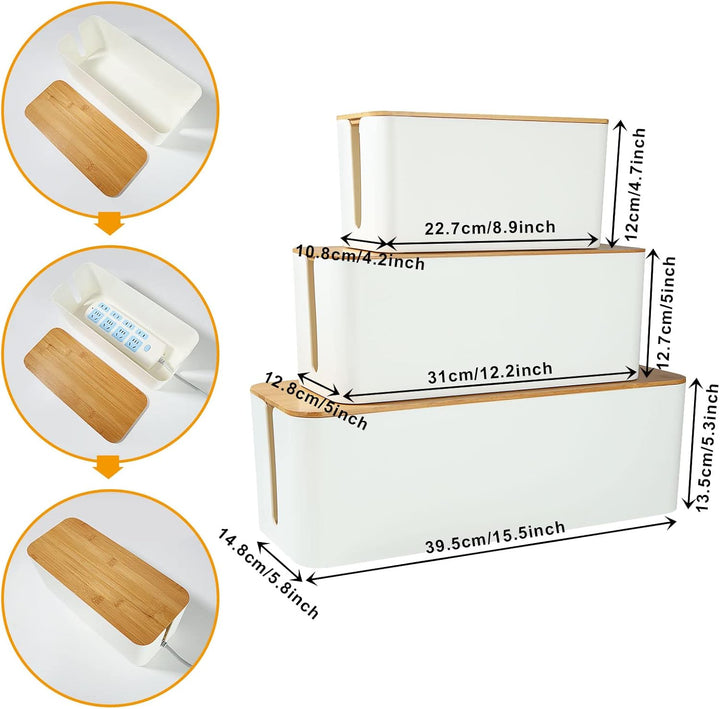 GOYADA 3 Stück Kabelbox Weiss, Kabel-Organizer Box, Kabel-Aufbewahrungsbox, 3 Grössen Kabelmanagemen