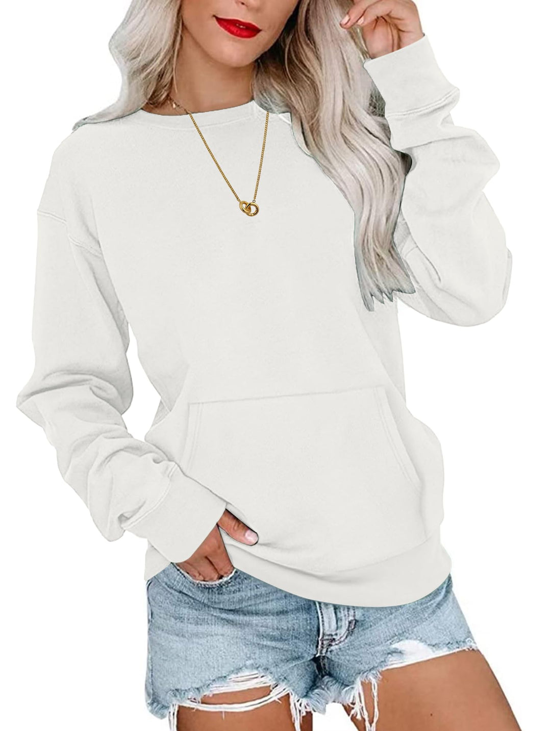WNEEDU Damen Langarmshirts Lässige Sweatshirts mit Taschen Weiss XL, Weiss XL