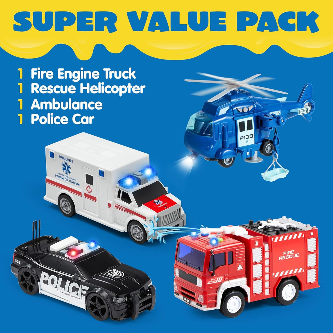 JOYIN 4er Pack Reibungsgetriebenes City Hero Spielzeug mit Feuerwehrauto, Krankenwagen, Polizeiauto