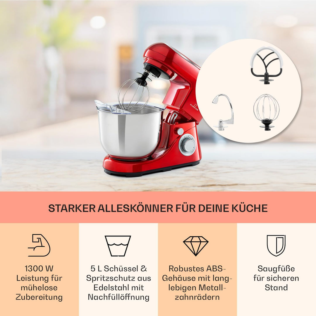 Klarstein Bella Küchenmaschine - Knetmaschine mit 6 Geschwindigkeitsstufen, Rührmaschne aus Edelstah