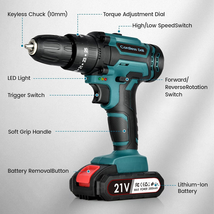 Akku Bohrschrauber Set 21V: Akkubohrer mit 2 Akkus 2000mAh,42Nm Max Drill Set 25+3 Paar, 24 Stück Bo