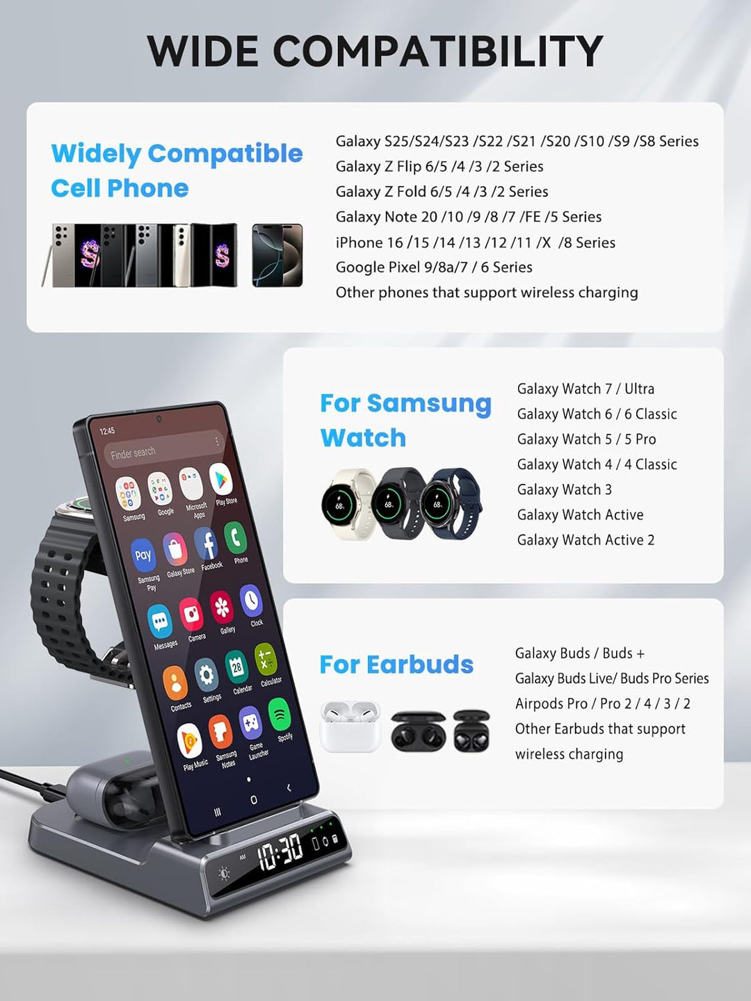 Wireless Charger für Samsung Galaxy S25 Ultra, Induktive Ladestation mit Digitaluhr für Samsung Gala