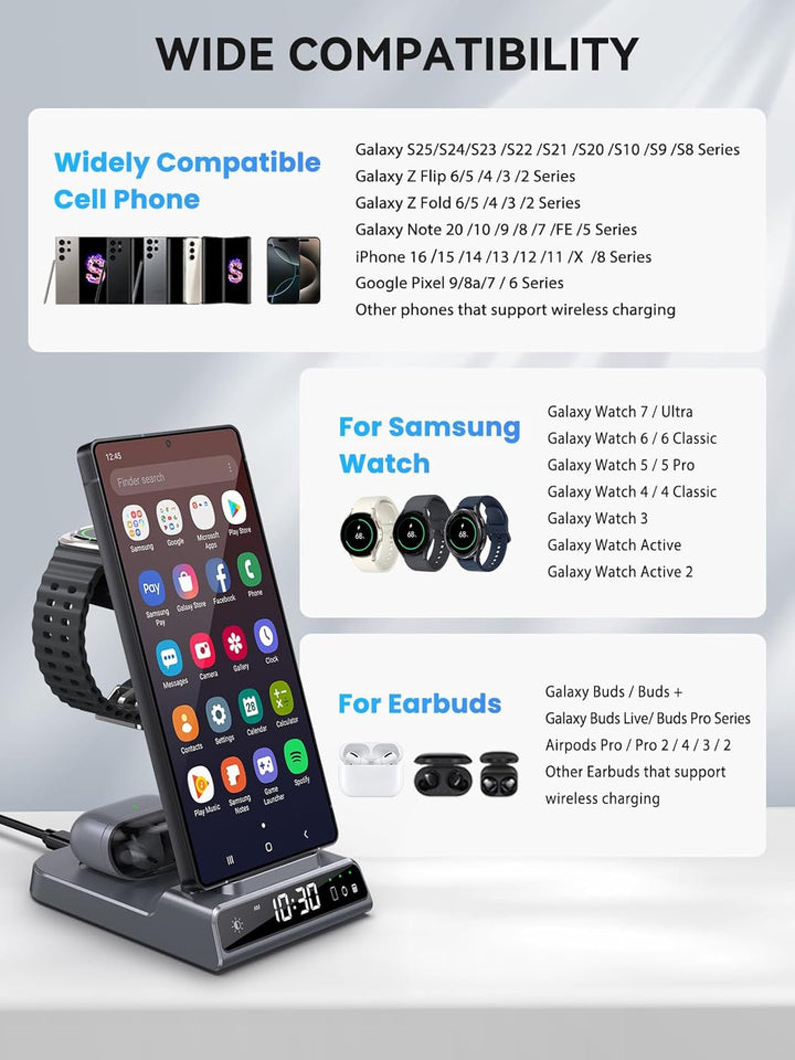 Wireless Charger für Samsung Galaxy S25 Ultra, Induktive Ladestation mit Digitaluhr für Samsung Gala