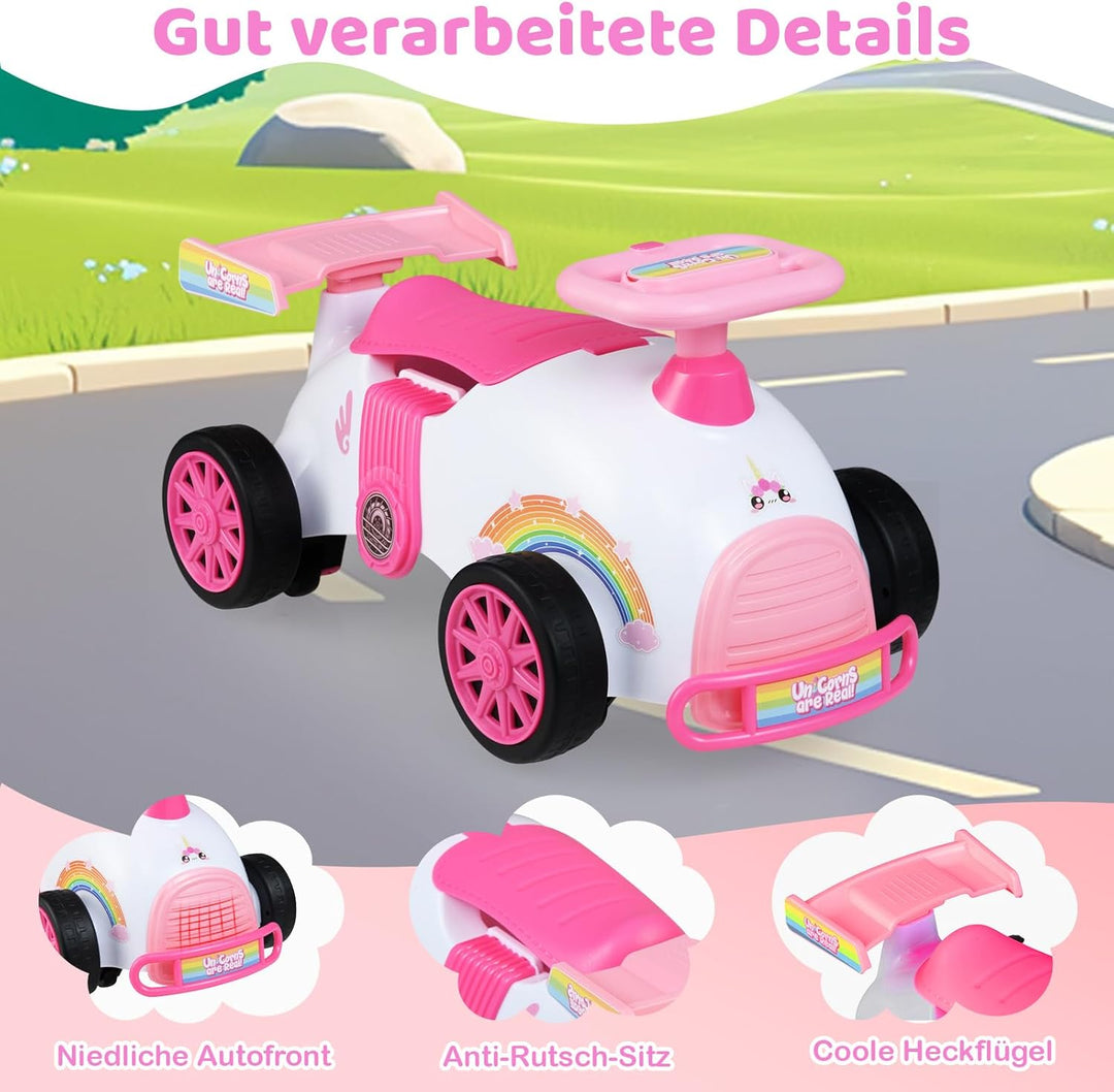 COSTWAY Rutschauto, Rutschfahrzeug im rosa Einhorn-Design, Kinderfahrzeug mit Musik & Stauraum unter