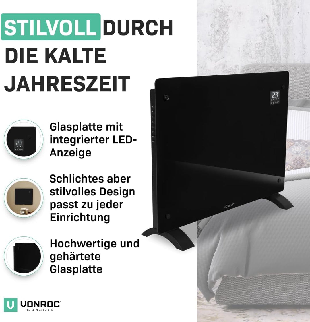 VONROC Elektroheizung, Konvektor-Heizung - Energiesparende elektrische Heizung bis 18m2 - Wand-/Bode