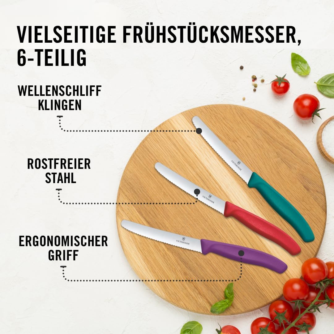 Victorinox Swiss Classic, Frühstücksmesser, Brötchenmesser Set 6teilig, Scharfe Klinge, Wellenschlif