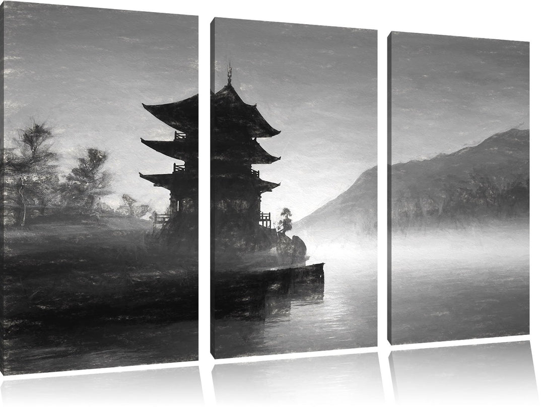 Pixxprint Chinesisches Haus Kunst / 3-Teilig/Gesamtmass 120cm Leinwandbild bespannt auf Holzrahmen/W