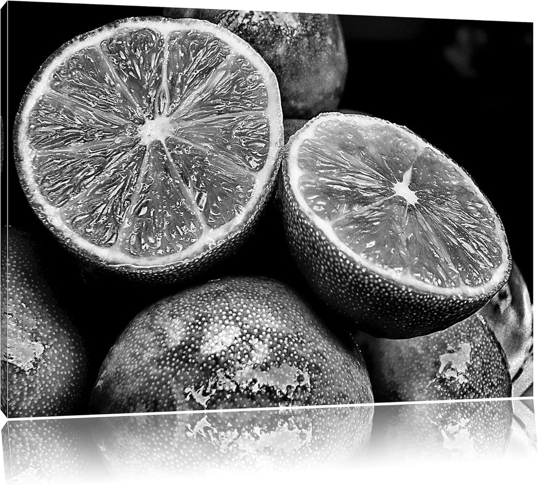 Pixxprint Monocrome, aufgeschnittene Limetten, Format: 100x70 auf Leinwand, riesige Bilder fertig ge
