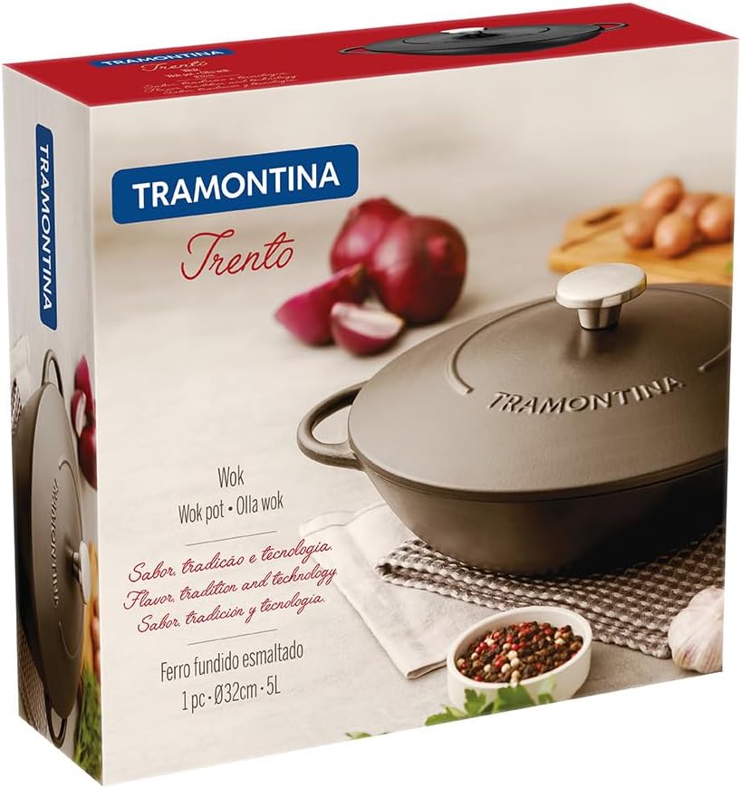 Tramontina Wok aus Gusseisen mit Deckel, 5l, Durchmesser 32 cm, 32 cm