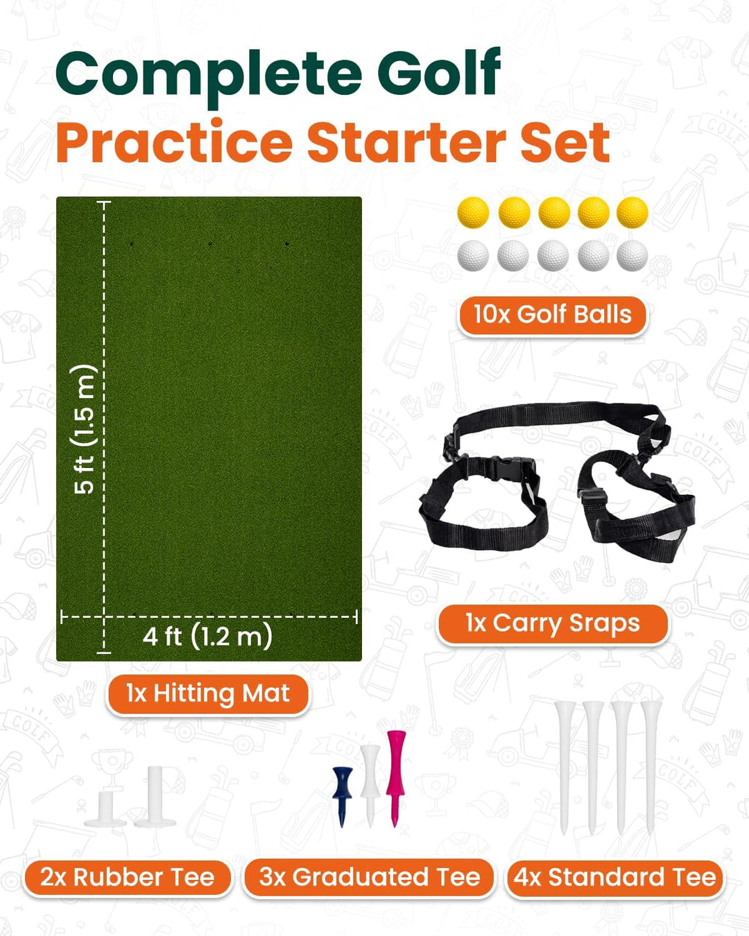 Golf-Schlagmatte für Indoor und Outdoor, Golf-Trainingsmatte mit Tragegurt, 10 PU-Golfbällen und 9 T
