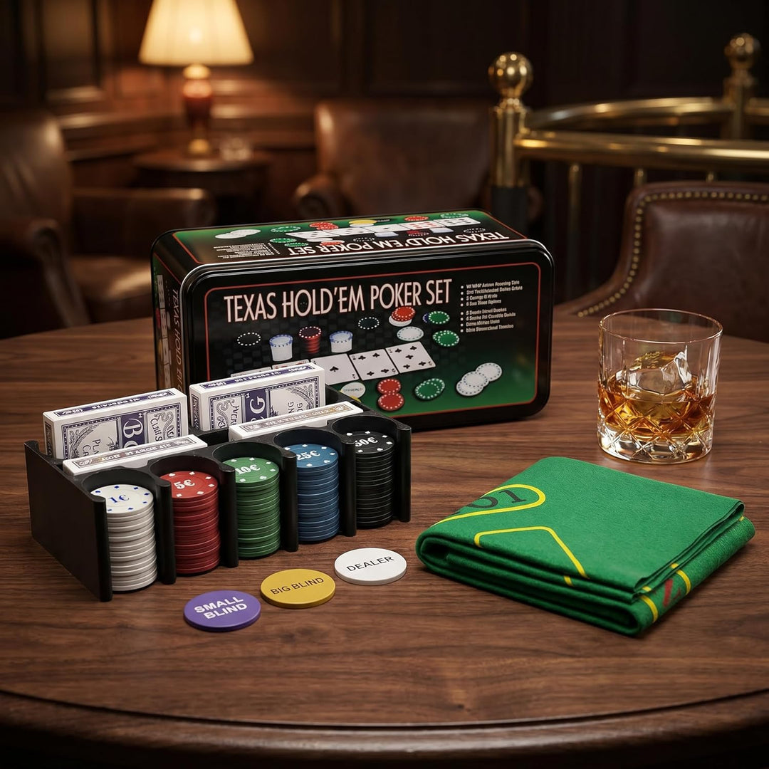 various Poker-Set aus Metallbox, 200 Pokerchips, 2 Abdeckungen, Distanzknopf, Brettspiel