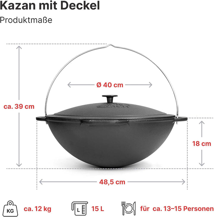 4BIG.fun Schwenktopf Kazan 15 L Camping Gusseisen mit Bügel und Deckel + Schaumkelle Bräter Tatarski