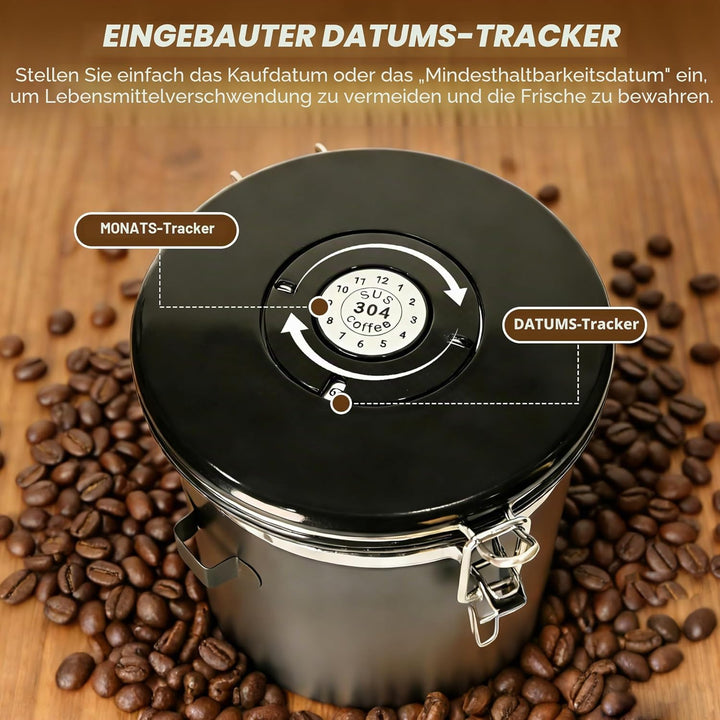 Kaffeedose aus Edelstahl 2,8L, Kaffeedose Luftdicht, Messlöffel & Datumsanzeige, 1kg Bohnen Vakuum K