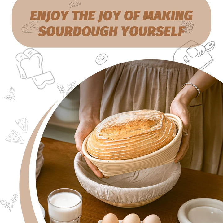Brot Gärkorb Set, Gärkörbchen zum Brotbacken, 23cm Rund & 25cm Oval Brotkörbchen, 100% natürlichem R
