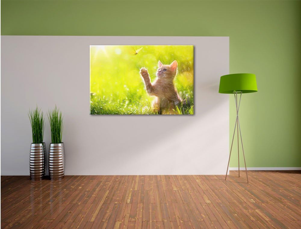 Pixxprint Kätzchen jagt Schmetterling Kunst Buntstift Effekt, Format: 100x70 auf Leinwand, 100x70