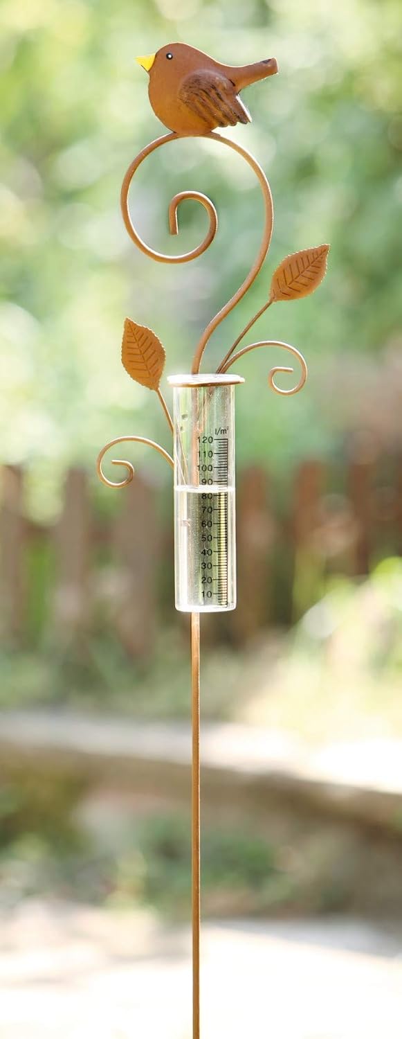 Dekoleidenschaft Gartenstecker aus Metall im Rost-Design, mit Glas-Regenmesser, Niederschlagsmessung