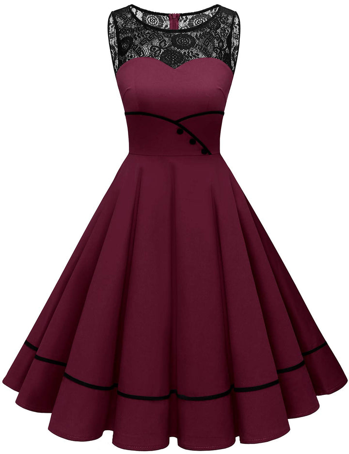 Bbonlinedress Damen Cocktailkleid Rockabilly Spitzenkleid 50er Retro Vintage Faltenrock Elegant Ärme