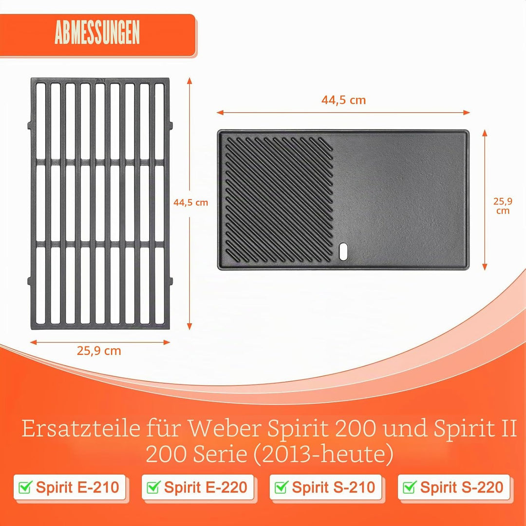 QuliMetal 7637 44,5 cm Gusseisen-Grillplatte und Grillrost als Ersatzteil für Weber Spirit E210 E220