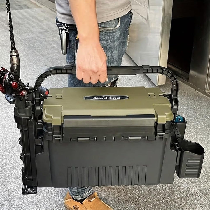 Angelkoffer mit 2 Rutenhaltern &amp; Getränkehalter, 11L Angelbox 2 Etagen | Multifunktionale Angelkiste