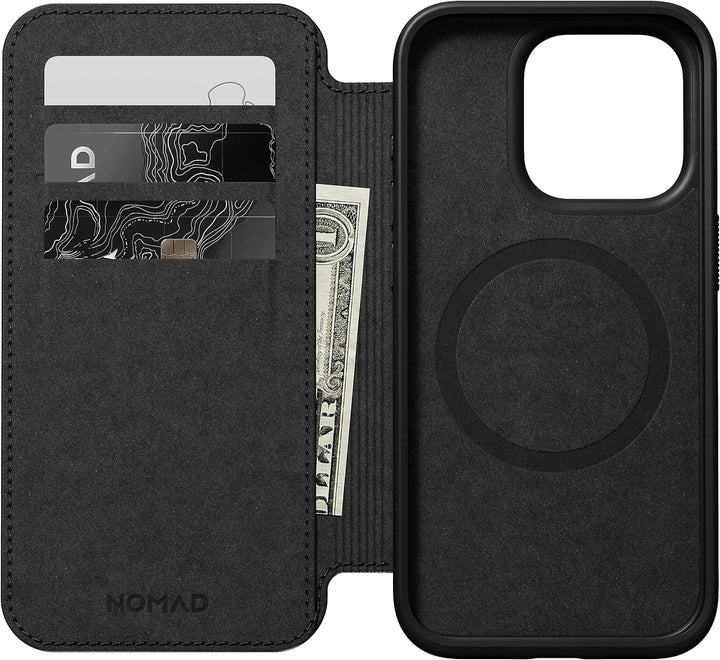 Nomad Moderne Lederhülle für iPhone 15 Pro – Mag Safe Wireless Charging Leder Wallet Case, 3 Kartenf