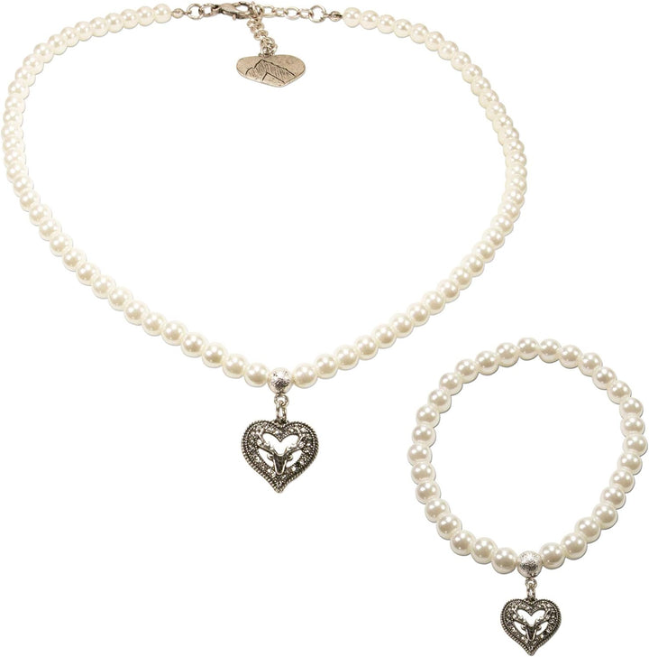 Alpenflüstern Trachtenschmuck-Set Perlen-Trachtenkette und Trachten-Armband Strassherz Hirsch - Dame