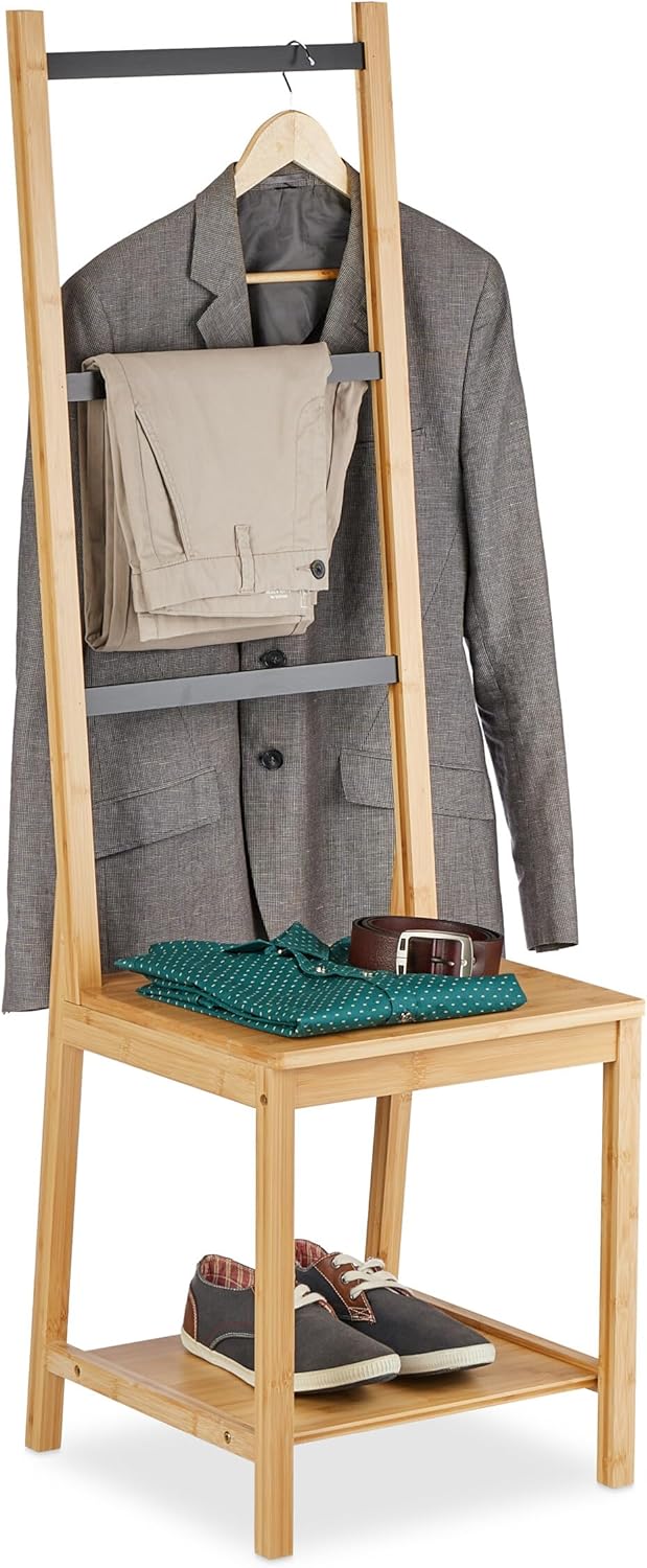 Relaxdays Herrendiener mit Ablage, Bambus, HBT: 133x40x42 cm, Kleiderstuhl Schlafzimmer, Handtuchstä