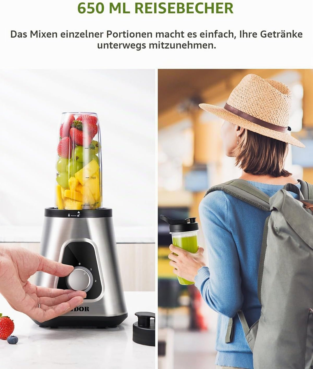 GDOR Standmixer 1100W, Mixer Smoothie Maker mit 1,5L Glaskrug und 650ml Reisebecher Professionell Ho
