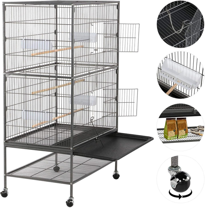 Yaheetech Vogelvoliere Vogelkäfig 2 Türen Vogelhaus Käfig mit 4 Rollen Nagervoliere 131cm hoch