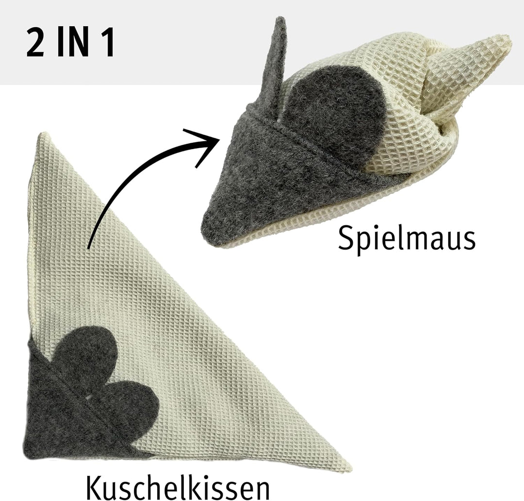 Kater Kasimir MAUSBERT 2-in-1 Kuschelkissen und Katzenspielzeug Maus in Einem! 3er Set mit Bio-Katze