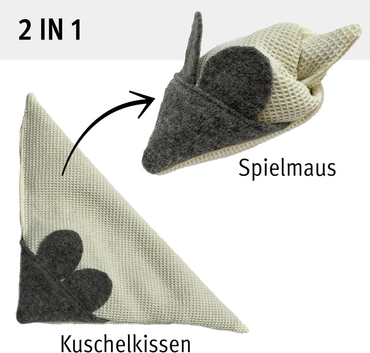 Kater Kasimir MAUSBERT 2-in-1 Kuschelkissen und Katzenspielzeug Maus in Einem! 3er Set mit Bio-Katze