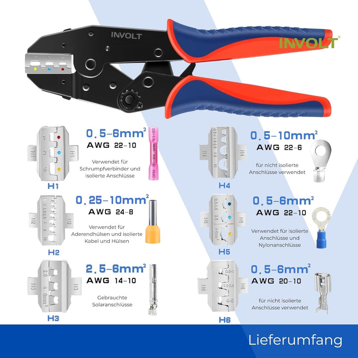 INVOLT Crimpzangen-Set mit 6 Wechselbacken für 0,25-10 mm², Crimpwerkzeug für Kabelschuhe, Flachstec
