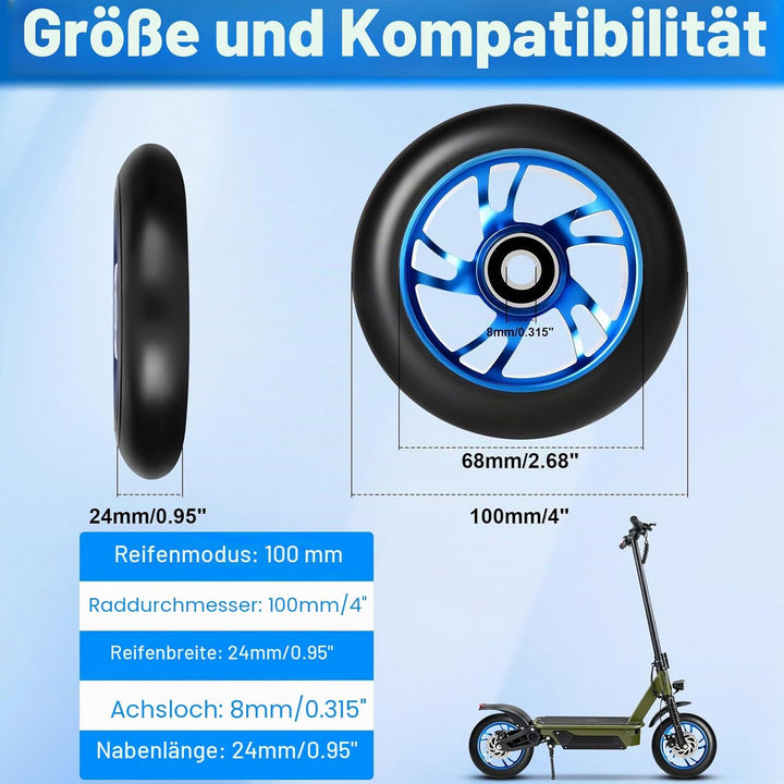 100mm Stunt Scooter Rollen Roller Reifen, 2 Stück Scooter Ersatzräder mit ABEC-9 Lagern, Härtegrad 8