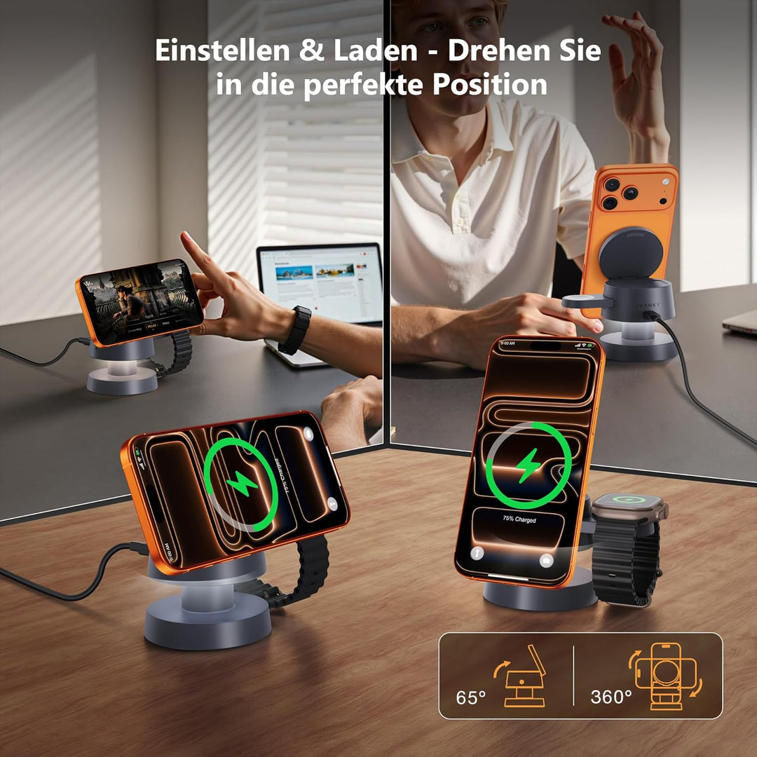 iVANKY 4-in-1-Wireless-Ladegerät für iPhone 17 Ladestation mit Nachtlicht, 15W 3-in-1-Reiseständer f
