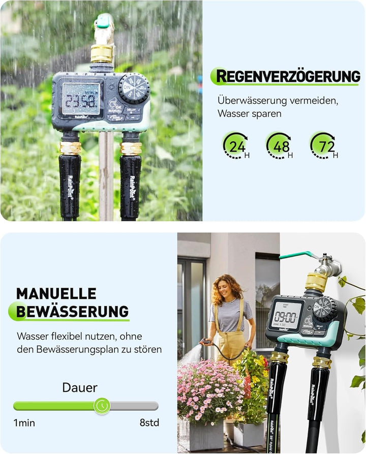 RAINPOINT Bewässerungscomputer 2 ausgängen mit Messing-Drehgelenk Regenverzögerung/manuelle/automati