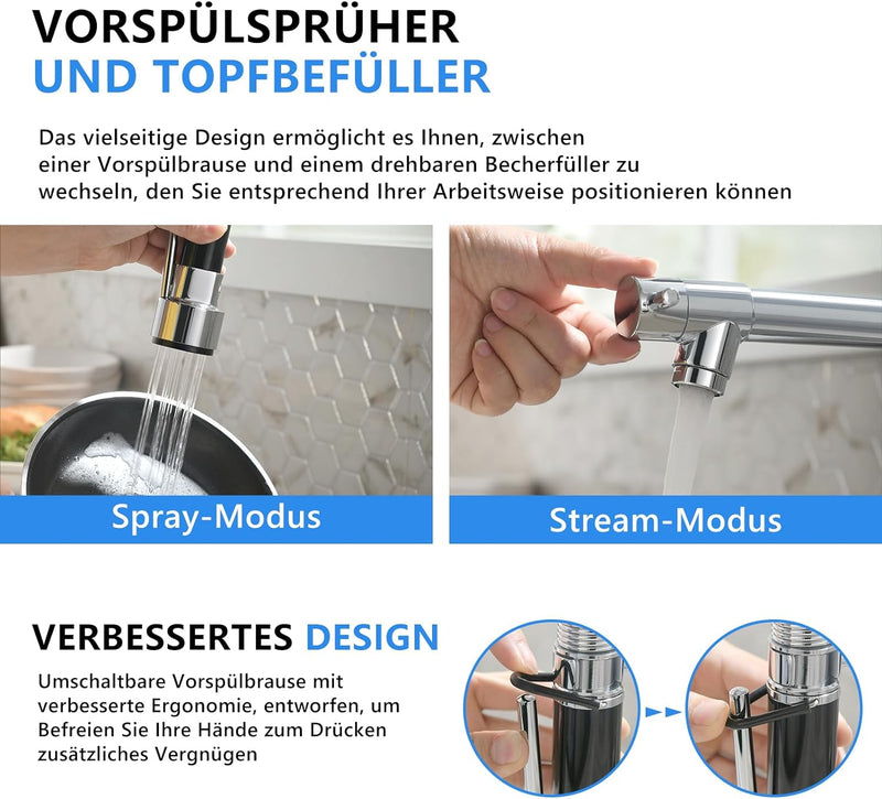 TIMACO Wasserhahn Küche Chrom mit Schloss Brause Ausziehbar - 360° Schwenkbare- Pull-Down-Spray - Ho