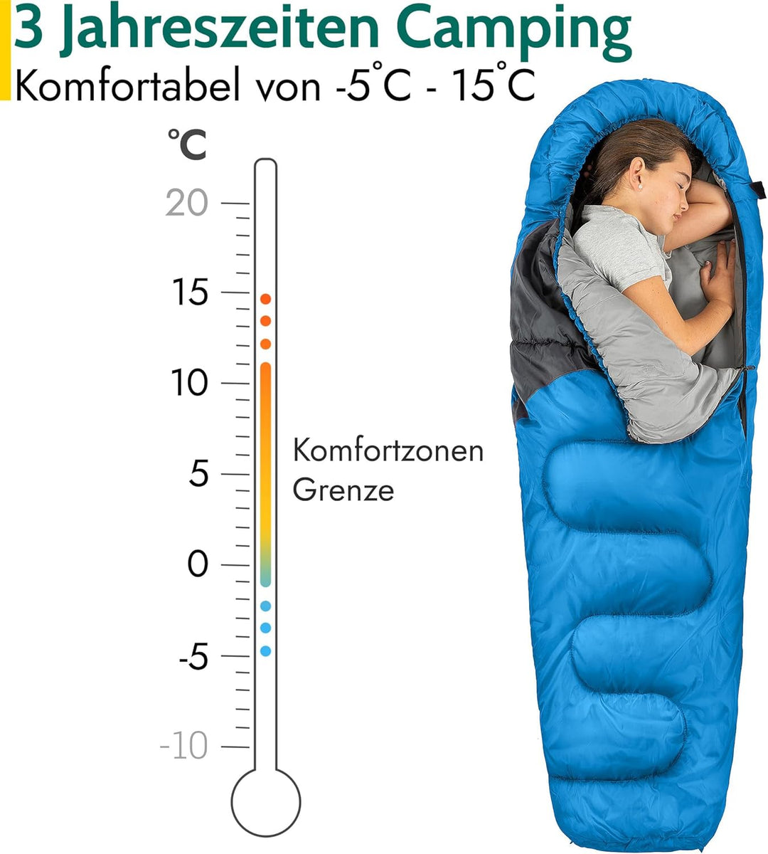 Trail Schlafsack Kinder Mumienschlafsack als Schlafsack 3 Jahreszeiten für Camping – 300gsm – für Ju